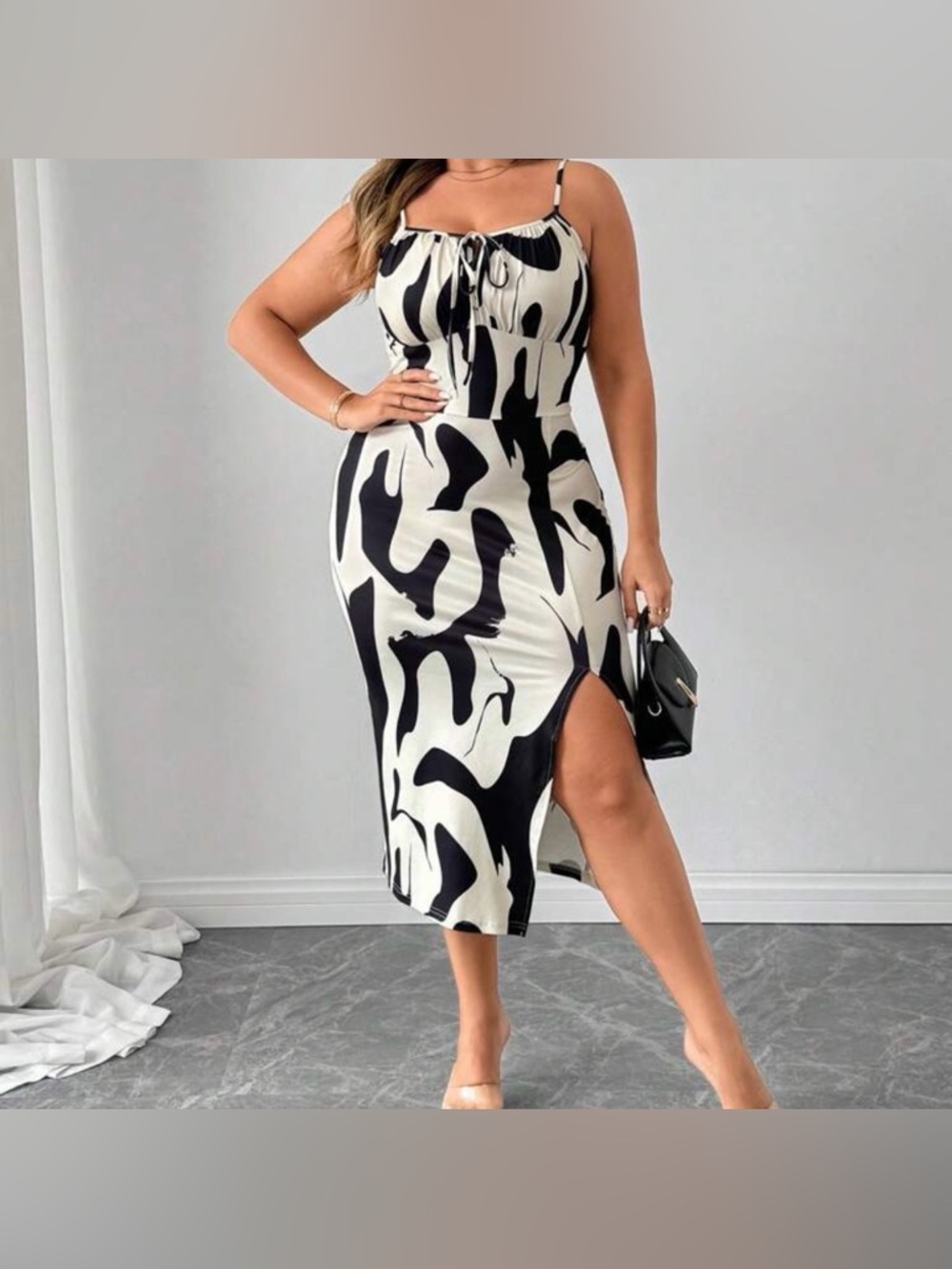 🆕 NEW Without Tags Black & Cream Abstract Midi Dress with Side Slit - 3XL